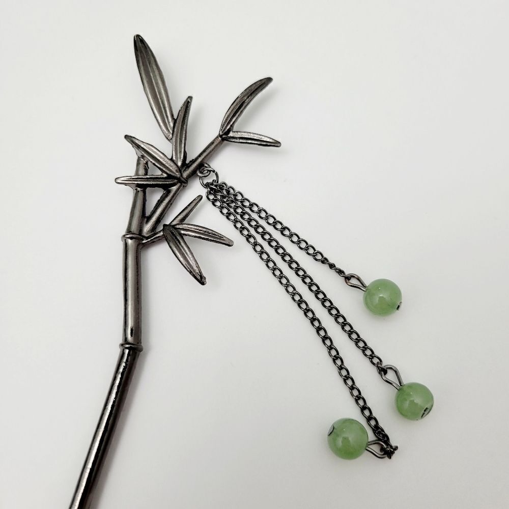 Brand New Titanium Black Bamboo With Green Jade Hair Pin - Picture 2 of 7